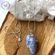 Blue Lace Agate Tumble Stone Silver Wire Wrapped Pendant